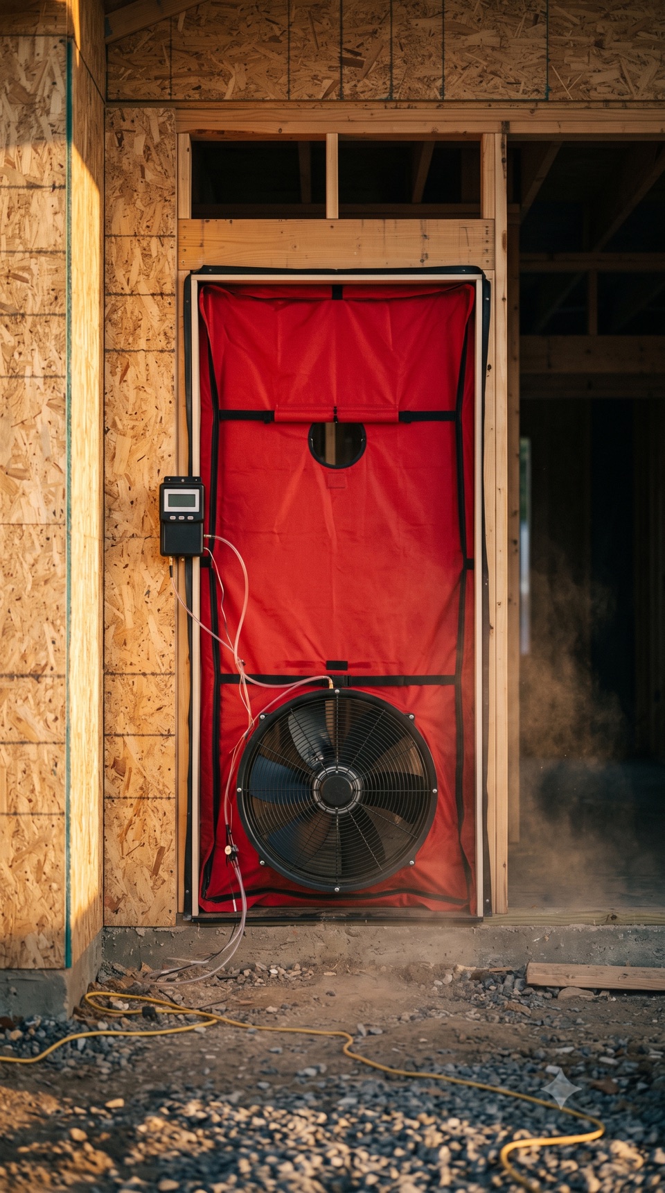 The blower door proves the number before anyone moves in. Sealed, taped, and tested.