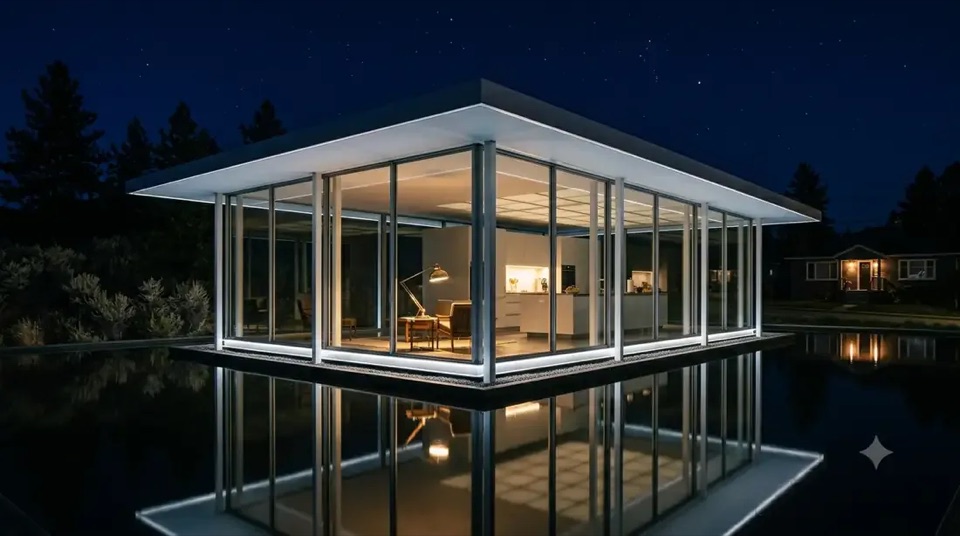 Case Study #21 · Full night: The roof plane floating on its own moat reflections. Koenig knew exactly what he was doing.