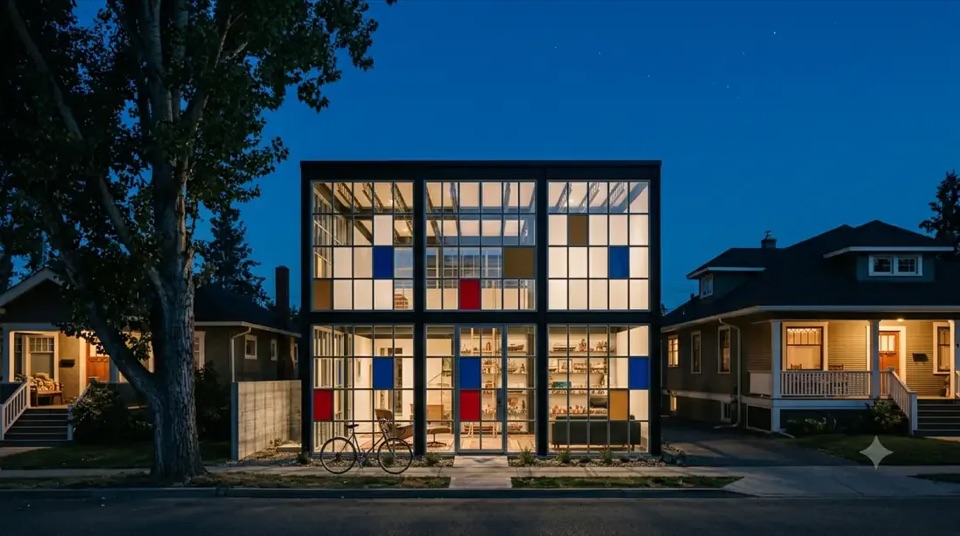Eames House · Blue hour: The grid glowing like a Mondrian between two character homes on an ordinary street.