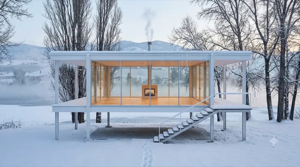 Farnsworth · Deep winter: Snow, a half-frozen lake, wood-stove smoke, and the warmest glass box in Canada.