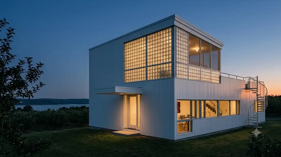 Gropius House · Paper lantern: The glass-block porch glowing like a lantern at dusk.