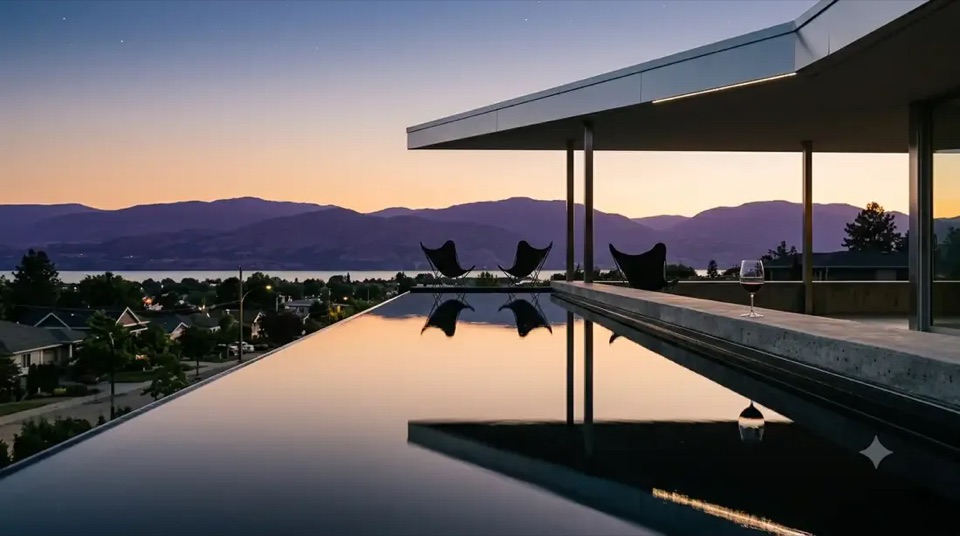 Neutra VDL · Rooftop: Rooftop reflecting pool at dusk, butterfly chairs, the lake in a band below.