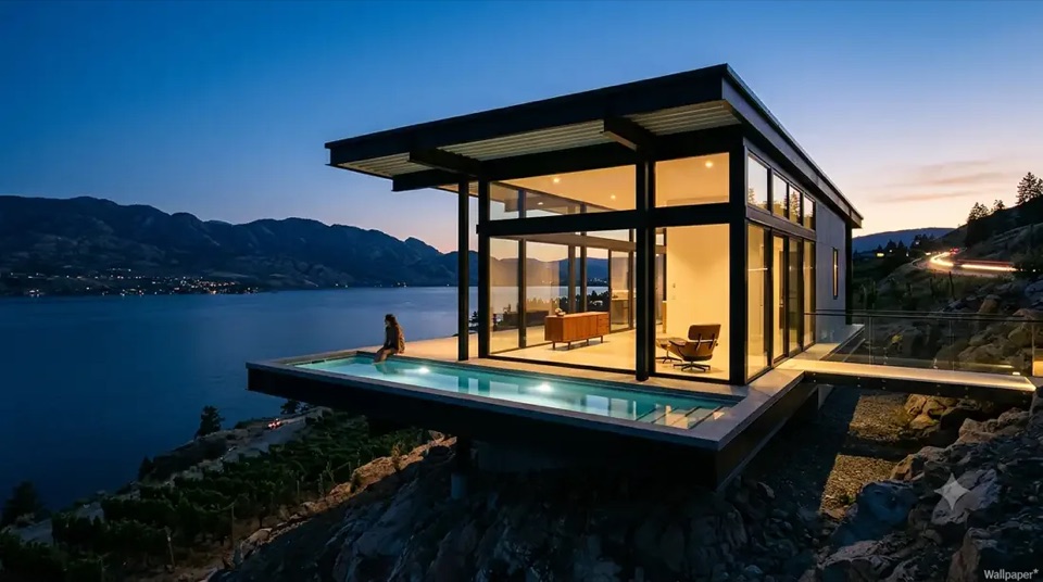 Stahl House · Blue hour: The cantilevered glass box over the lake, cliffside pool holding the last of the light.
