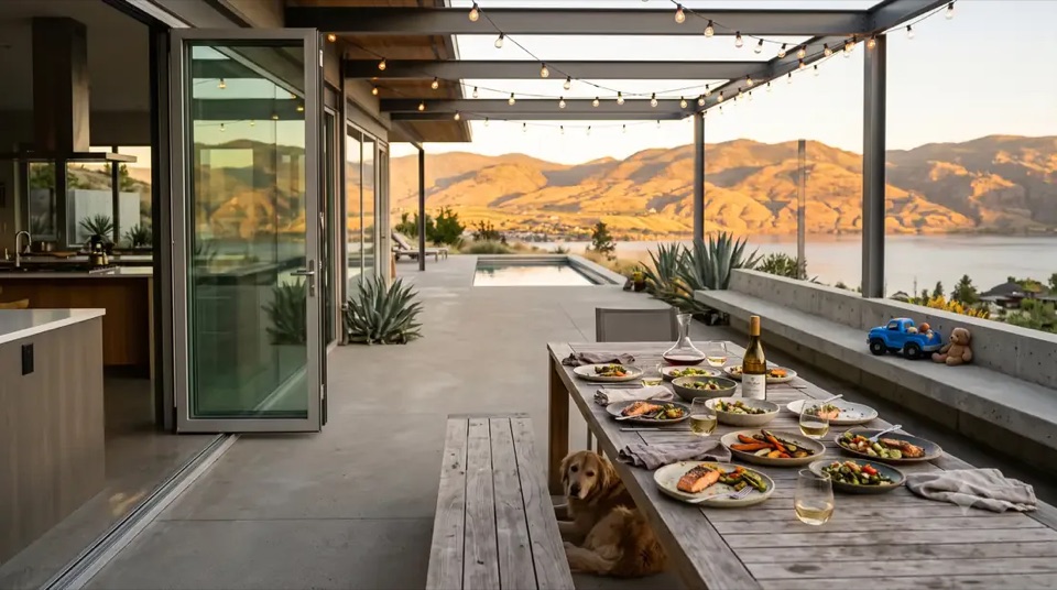 Stahl House · Dinner patio: Golden hour, mid-meal, string lights on, dog waiting for a dropped rib.