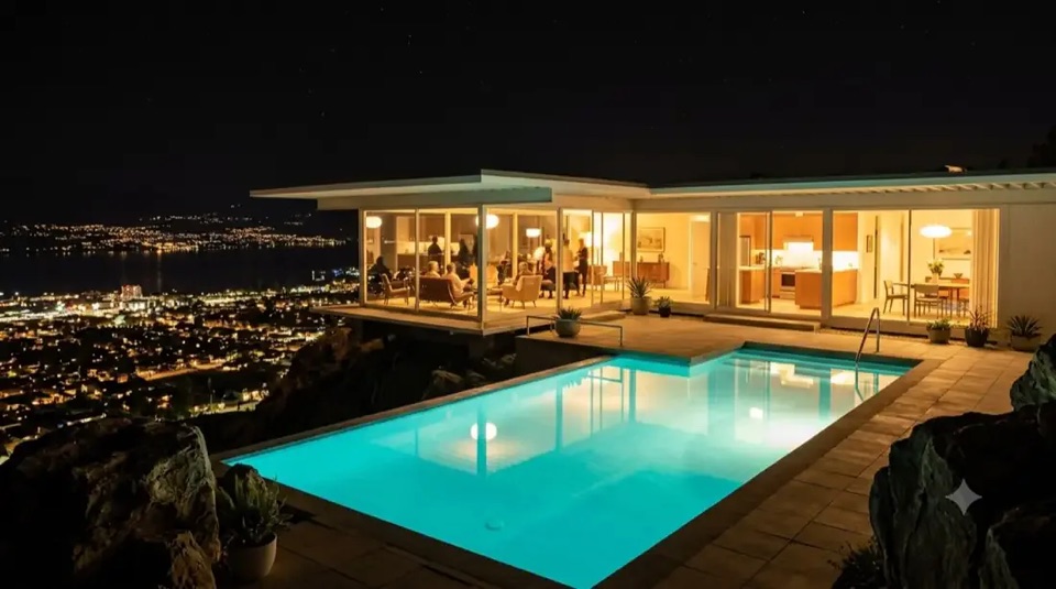 Stahl House · Night hero: Case Study #22 rebuilt over Okanagan Lake: the glass wing cantilevered over the lit pool, Kelowna lights far below.