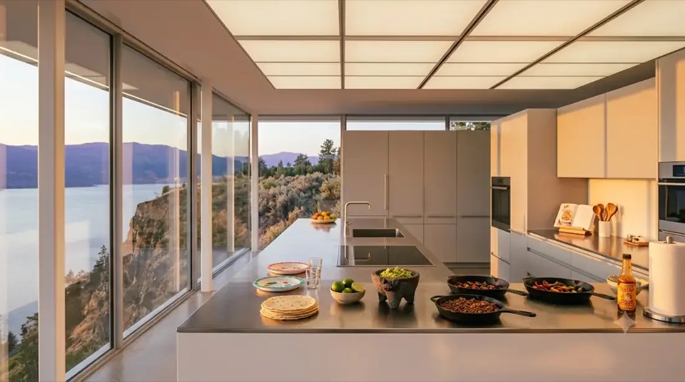 Stahl House · Taco night: The kitchen island doing what kitchen islands are for, the lake beyond the glass.