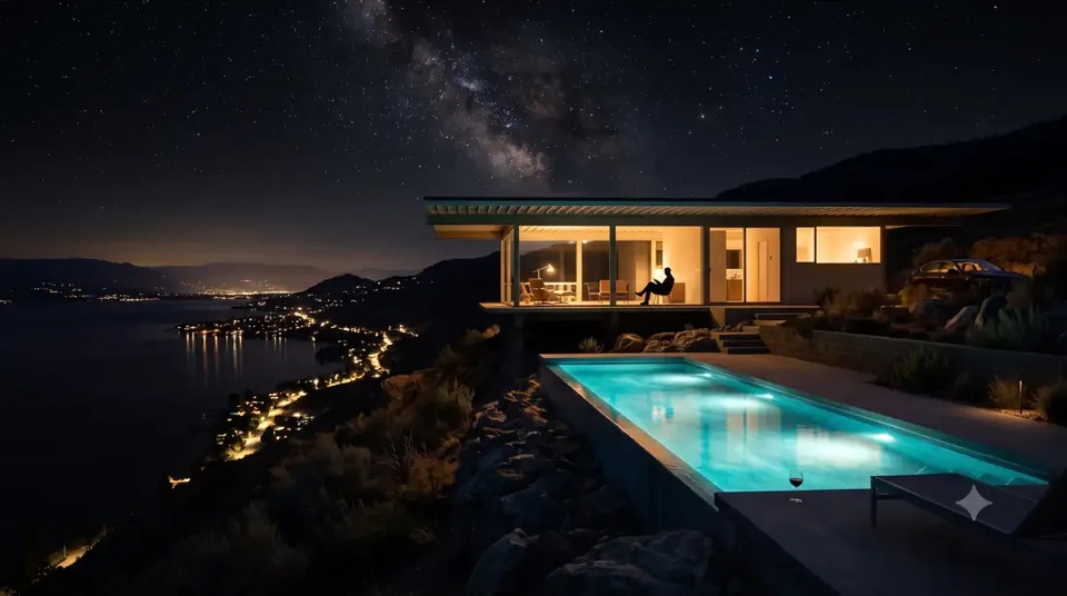 Stahl House · True night: Starry sky, glowing lap pool, lake lights below. The photograph every architecture kid has pinned, moved 2,000 km north.