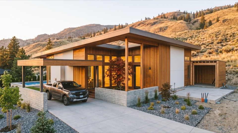 The Atrium: An Eichler-lineage home built warm: cedar post-and-beam wrapping an open-air atrium and a Japanese maple, glowing from within, not a cold glass box.