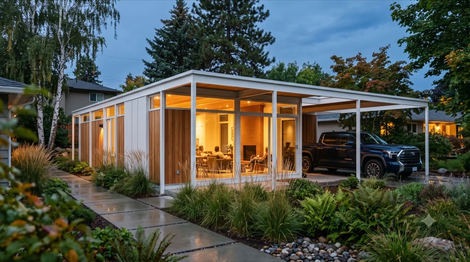 The Beadle: Alfred Beadle's Phoenix steel houses warmed for the Okanagan, a slender white post-and-beam grid infilled with cedar, the frame running past the house to roof the carport.