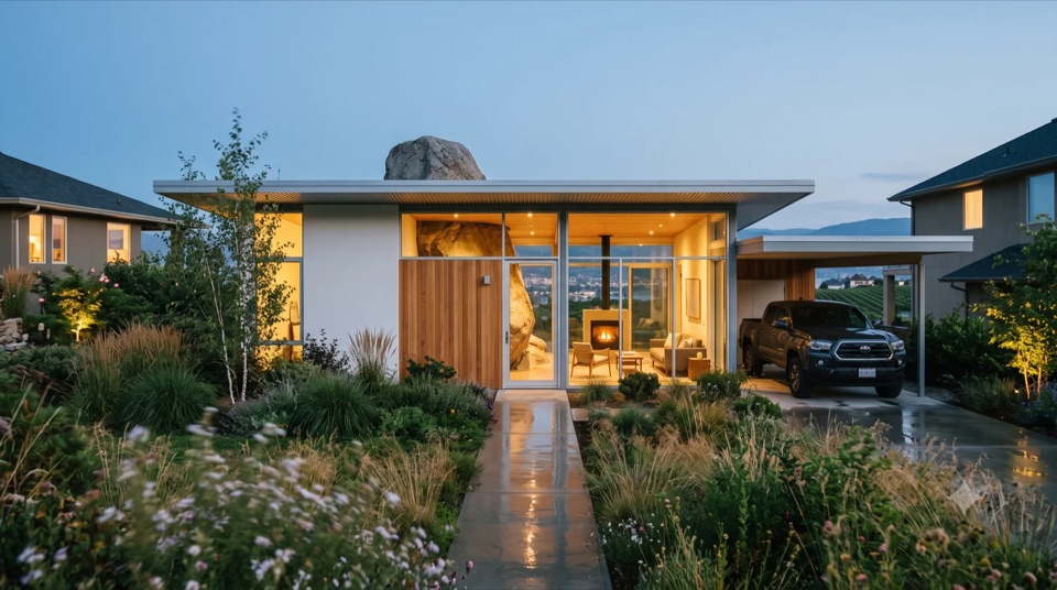 The Boulder House: Albert Frey's lesser-known Frey House II reimagined in the Okanagan, a huge natural boulder pierces the roofline and juts into the glowing living room beside the hearth, a thin flat roof and full-height glass over the lake, built warm with cedar and a floating carport.