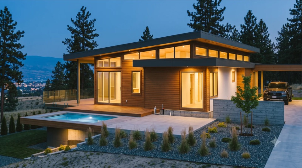 The Clifton · Valley lights: The whole home glowing warm over the valley lights, lit pool on the deck.