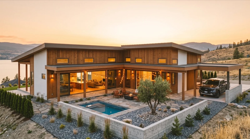 The Courtyard: A Cliff May-lineage ranch wrapping a private courtyard and pool, deep timber-beam loggia, string lights, wood everywhere.