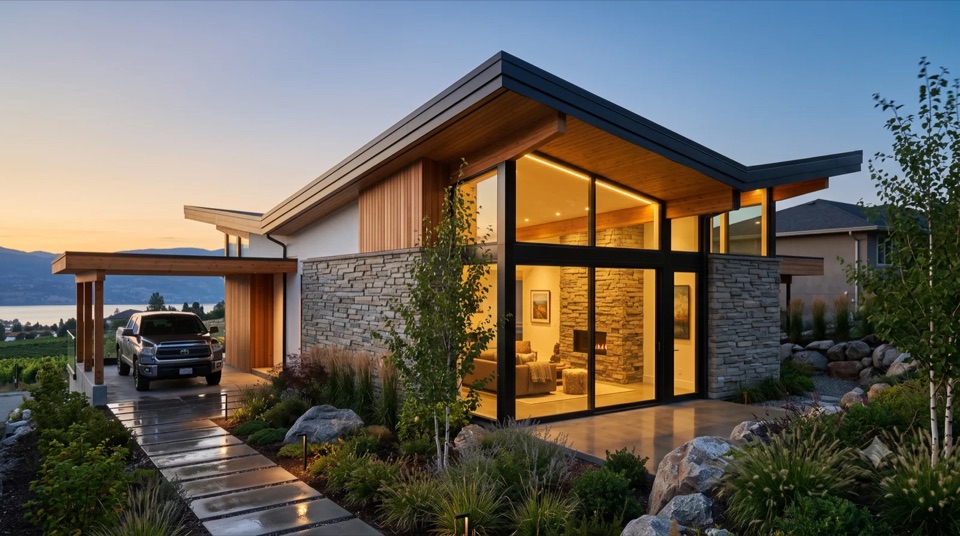 The Edris: E. Stewart Williams' lesser-known Edris House reimagined in the Okanagan, stacked ledgestone in long horizontal courses, a wide butterfly roof lifting to the lake and vineyards, full-height glass and a stone hearth, built warm with cedar and a floating carport.