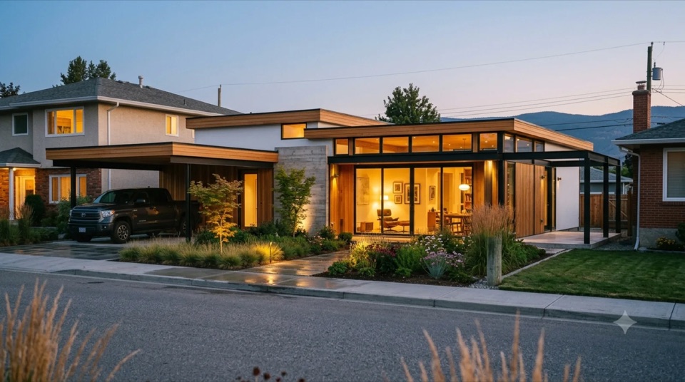 The Ellwood: An Ellwood-lineage Case Study pavilion of precise exposed steel post-and-beam, the frame infilled with warm cedar and white stucco, floating roof planes over a reflecting-pool entry courtyard, a floating carport and a slab pad marked the future addition site, steel precision built warm, not a cold glass box.