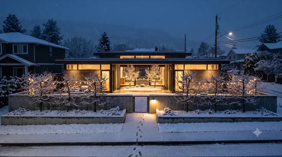 The Ellwood · Winter night: Snowfall, the courtyard glowing, one set of footprints to the door.