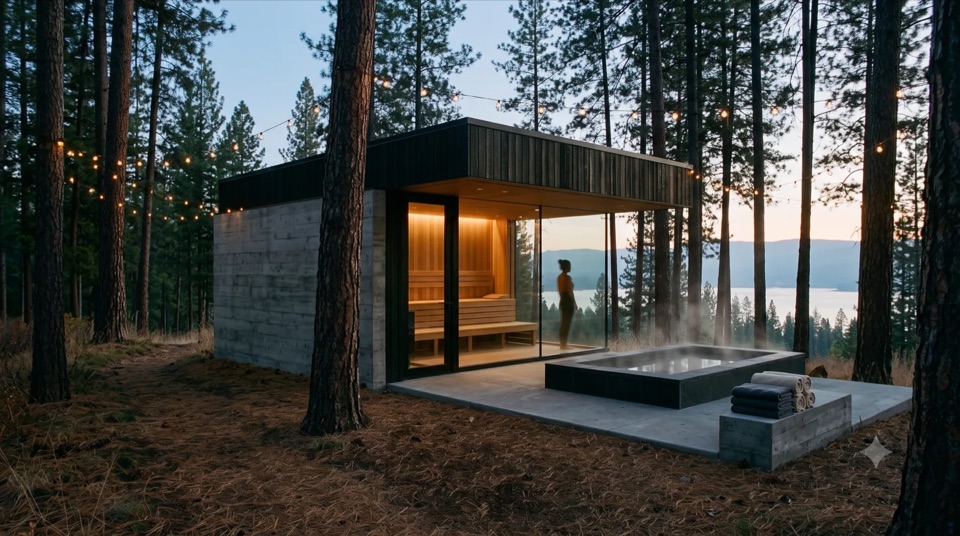 The Forest Bathhouse: Cedar sauna glowing, black-slate cold plunge steaming, fairy lights in the larches.