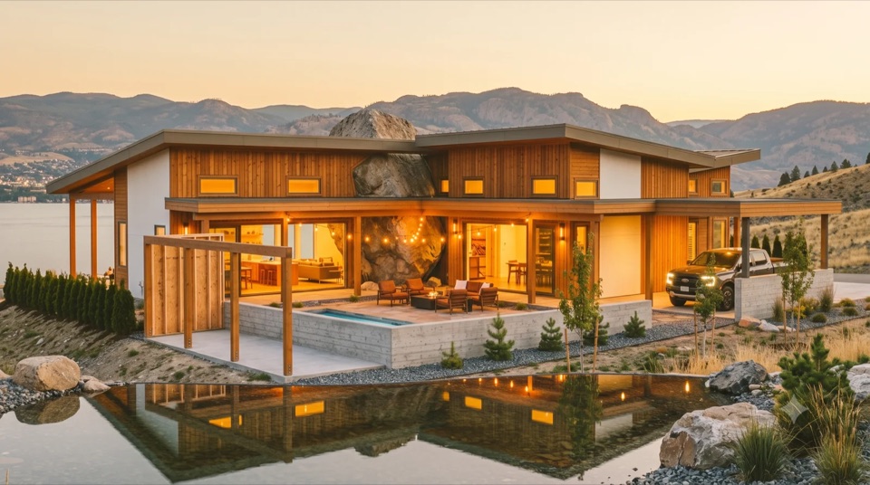 The Frey: A Frey-lineage house built around a giant Okanagan boulder that pierces the roofline, warm timber and wood everywhere, framed to grow.
