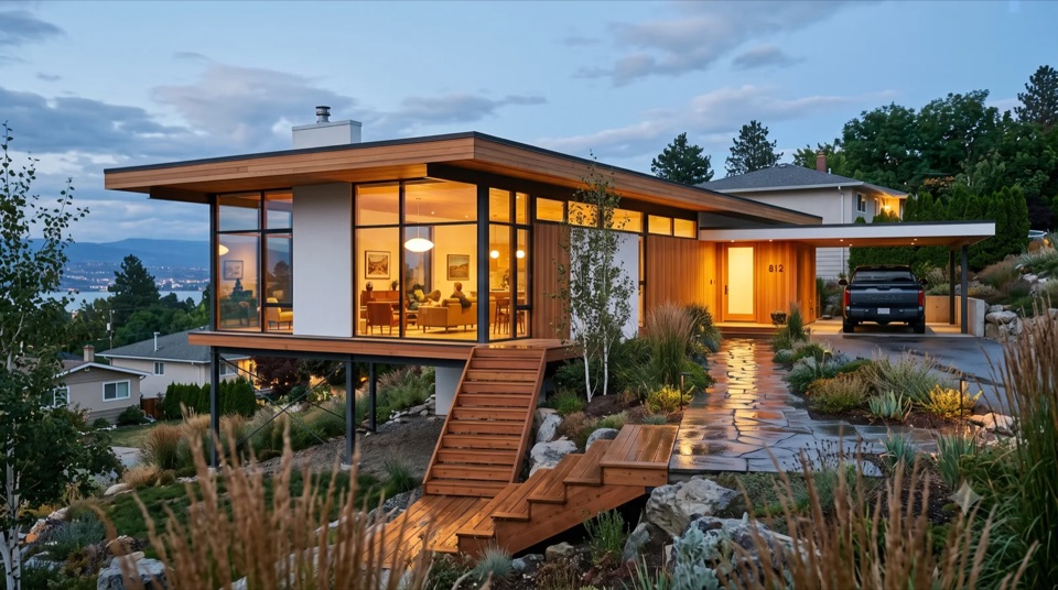 The Grossman: Greta Magnusson Grossman's hillside houses rebuilt warm above the lake, a flat-roofed cedar box flying out over the fall on slim steel legs, carport at the uphill end.