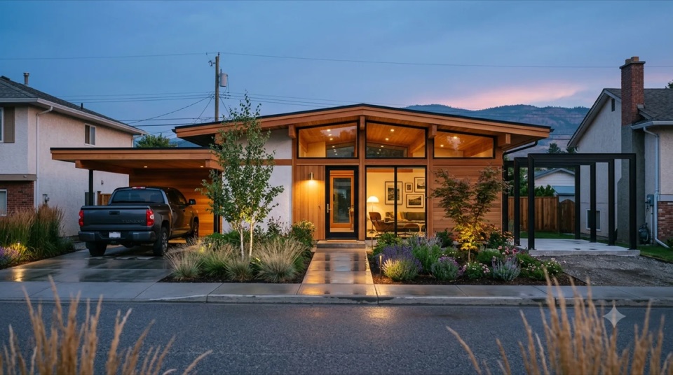 The Harris: A Harris-lineage redwood post-and-beam home with a low-pitched wide-eave roof and glowing redwood ceilings, warm cedar and white stucco, dropped onto a narrow 45-ft neighbourhood lot between the neighbours, a floating carport and a framed pad for the future wing, an attainable infill build, warm not a cold glass box.