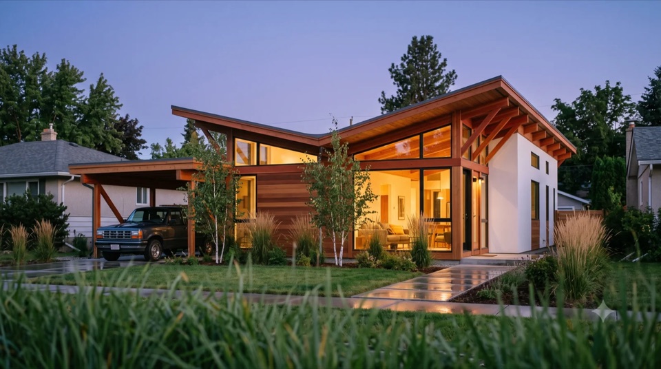 The Havens: Harwell Hamilton Harris's Weston Havens House brought to Kelowna warm, the upside-down V roof folding into a central valley on exposed redwood trusses, cedar and stucco, carport alongside.