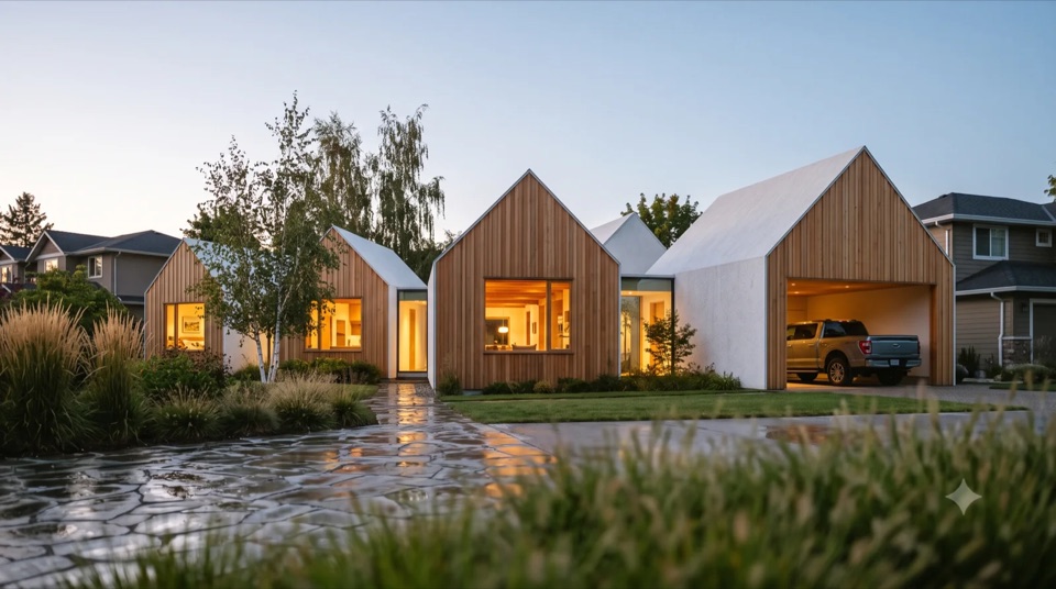 The Jacobsen: Hugh Newell Jacobsen's pavilion villages built warm in cedar, stepped knife-edge gables with no eaves strung together by glass links, the end pavilion left open for the truck, and room to add one more.