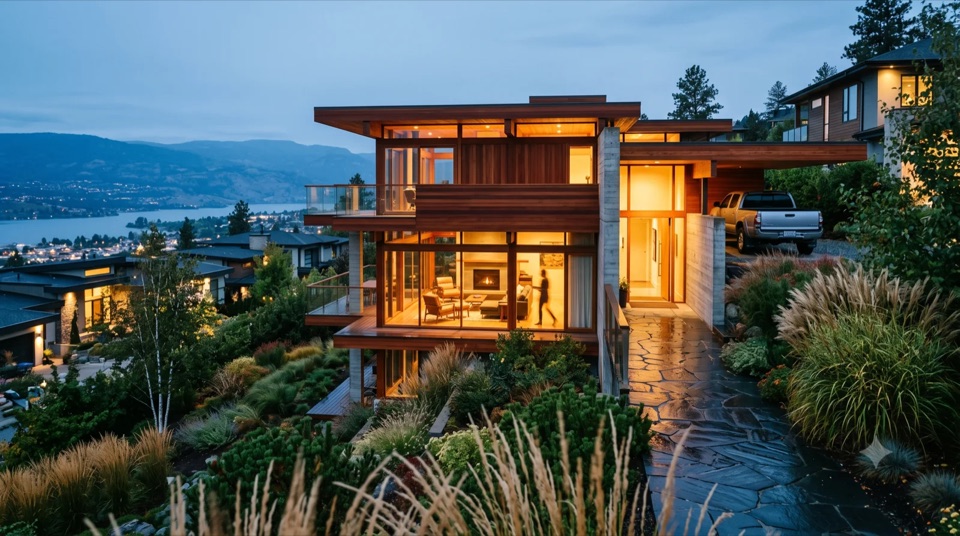 The Kappe: Ray Kappe's lesser-known Kappe Residence reimagined in the Okanagan, split-level stacked redwood platforms and cantilevered glass decks bridging the slope on slender concrete towers, deep timber beams and a glowing hearth over the lake, built warm.