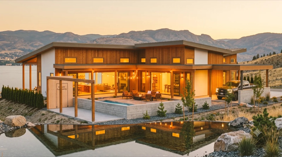 The Kaufmann: A low-horizontal Kaufmann-spirit home in warm cedar, a still reflecting pool mirroring the lit rooms, a framed bay waiting for a future wing.