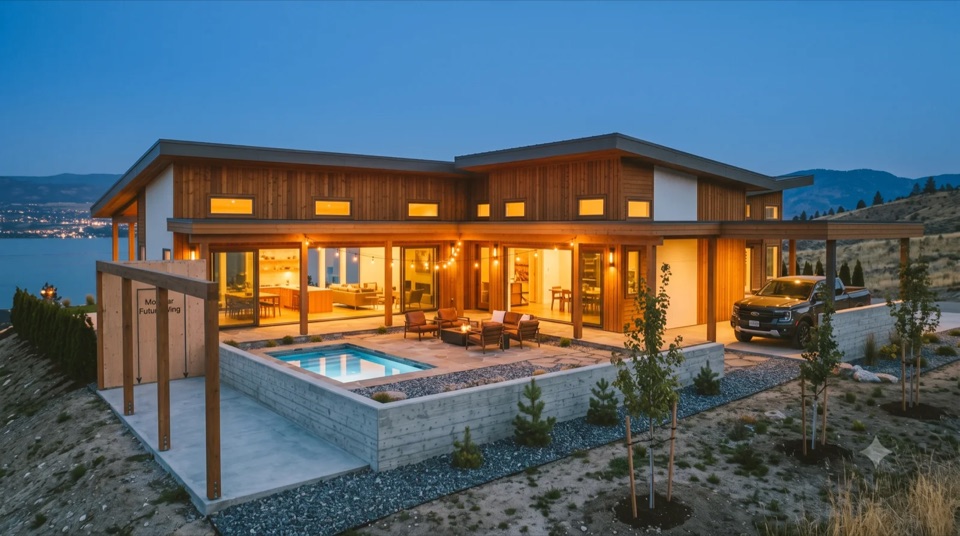 The Koenig: A Koenig-lineage timber pavilion cantilevered over the valley lights, warm cedar and glowing glass, a plunge pool and a framed pad for the next module, not a cold glass box.