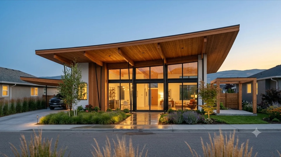 The Lautner: A Lautner-lineage home under a bold sweeping cantilevered roof of exposed timber beams, warm cedar and white stucco, a glowing fireside great room open to the lake, a floating carport and a framed pad flagged for the next addition, drama built warm, not a cold glass box.