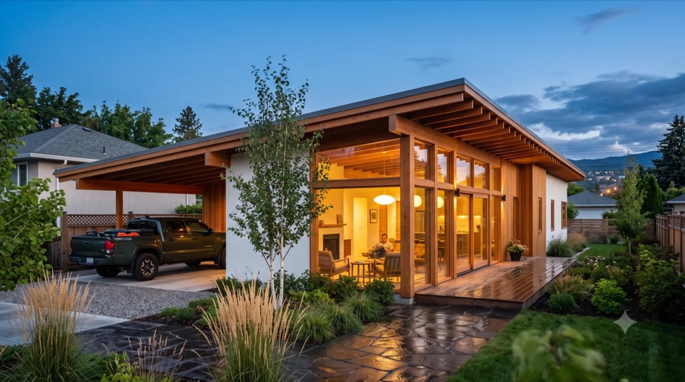 The Liljestrand: Vladimir Ossipoff's Liljestrand House rebuilt warm on a Kelowna lot, a very deep floating eave with exposed rafters shading a full-width lanai, cedar and white stucco, carport tucked beside.
