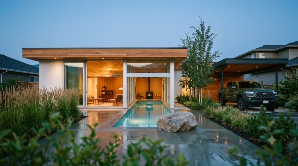 The Loewy: Albert Frey's lesser-known Loewy House reimagined in the Okanagan, a swimming pool that flows from the terrace straight through the open glass wall and into the glowing living room, a thin flat roof and a boulder at the water's edge, built warm with cedar and a floating carport.