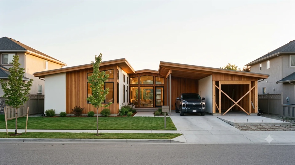 The May Cluster: A Cliff May-lineage low ranch cluster of connected cedar-clad wings under stepped shed roofs, warm cedar and white stucco, a floating carport and an X-braced framed bay + slab pad for the future wing, dropped onto a narrow 45-ft neighbourhood lot between the neighbours, a warm attainable infill ranch, not a cold glass box.
