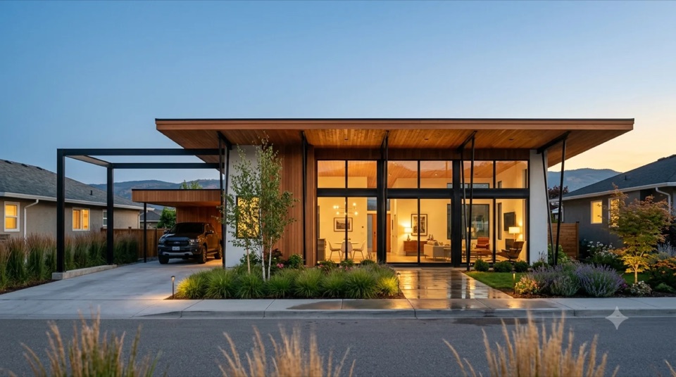 The Neutra: A Neutra-lineage low-horizontal home with slender spider-leg steel outriggers reaching past the glass, warm cedar and white stucco, a glowing interior open to the lake, a floating carport and a framed pad already prepped for the next module, not a cold glass box.