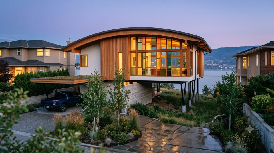 The Rainbow House: John Lautner's lesser-known Garcia House reimagined in the Okanagan, a sweeping curved arched roof lifted on slender angled stilts over the slope, a wall of rainbow coloured-glass panels glowing at dusk, warm cedar and a green-roof carport, built warm over the lake.