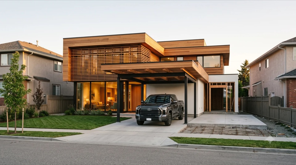 The Rudolph: A Rudolph-lineage composition of bold stacked and shifted cedar planes over two storeys with a deep cedar brise-soleil sunscreen across the upper glass, warm cedar and white stucco, a beamed carport and a framed opening + slab pad for the future wing, dropped onto a narrow 45-ft neighbourhood lot between the neighbours, sculptural massing built warm, not a cold glass box.