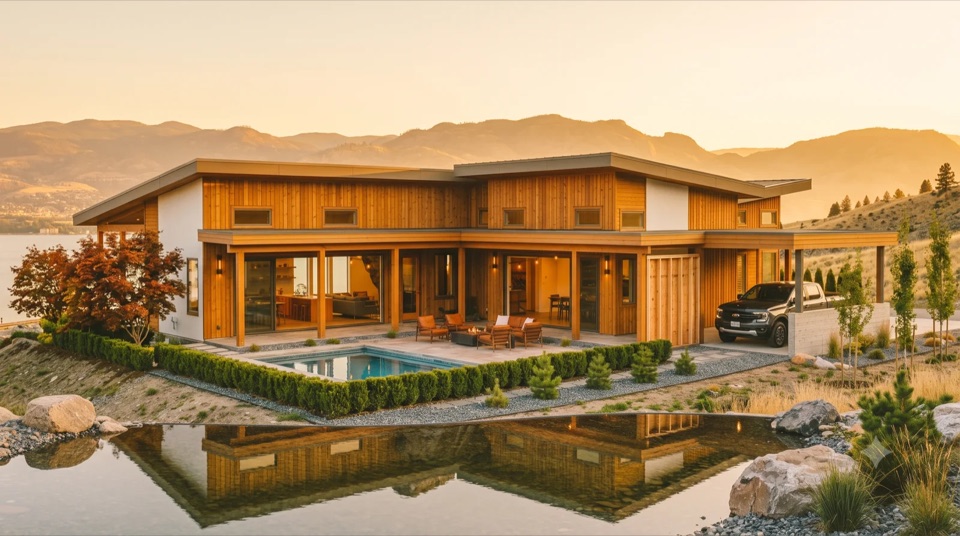 The Saarinen: A Saarinen/Miller-spirit warm cedar pavilion over a mirror pond and clipped hedge garden, deep timber loggia, a slab pad set for the next room.