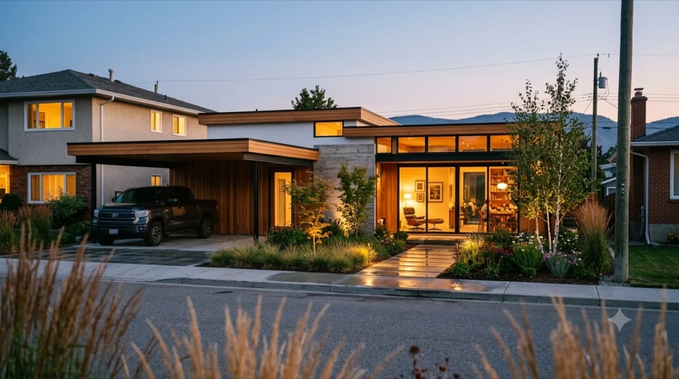 The Schindler: A Schindler-lineage home of interlocking volumes, board-formed concrete married to warm redwood, clerestory slot windows and an L-plan wrapping a firepit courtyard, a floating carport and a slab pad flagged as the expandable wing, raw materials, warm rooms, not a cold glass box.