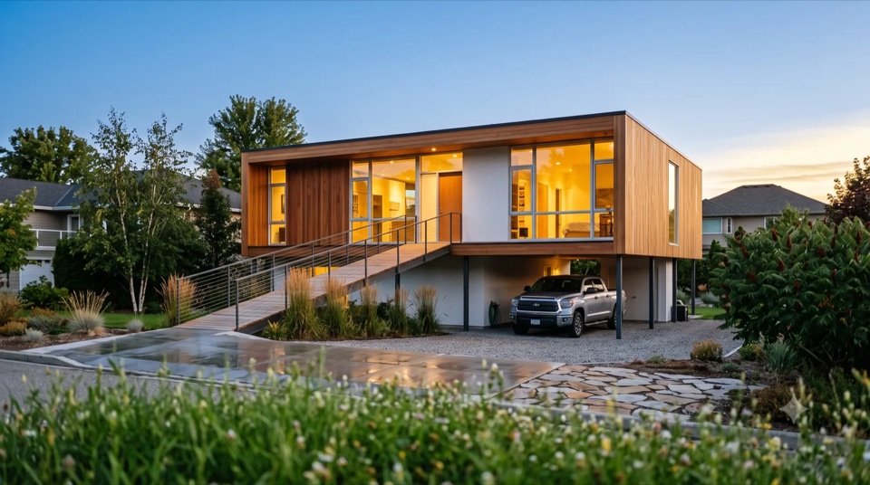 The Seidler: Harry Seidler's Rose Seidler House as a warm Kelowna build, a cedar box lifted a full storey on pilotis with a long open ramp to the door and the truck parked in the undercroft.