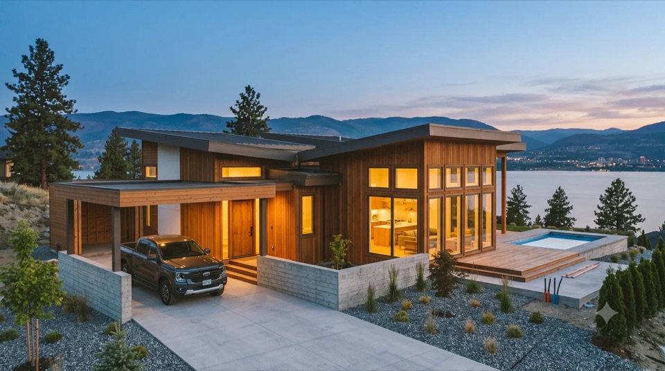 The Sheds: A Sea Ranch-lineage cluster of cedar shed-roof forms, rugged and cozy, warm windows over the lake, framed for a fourth wing.