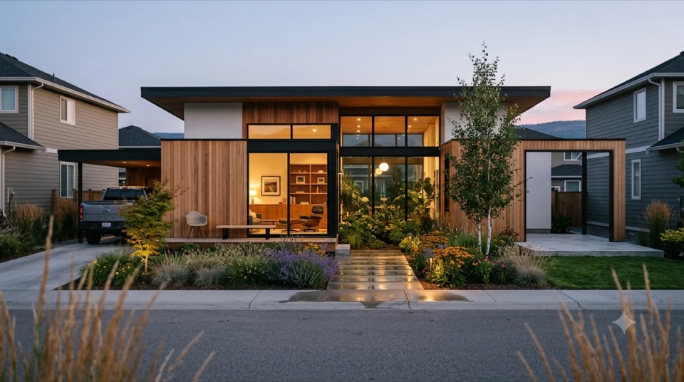 The Soriano: A Soriano-lineage light steel-tube pavilion under deep flat roof overhangs, fully glazed garden rooms with native planting spilling in, the frame infilled with warm cedar and white stucco, a floating carport and a slab pad flagged for modular expansion, a transparent garden house built warm, not a cold glass box.