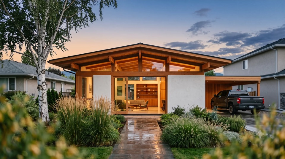 The Sunnylands: A. Quincy Jones' lesser-known Sunnylands reimagined in the Okanagan, a broad low pyramidal hipped roof with a glowing clerestory and radiating timber beams, deep overhangs and an open glass pavilion, built warm with cedar and a floating carport.