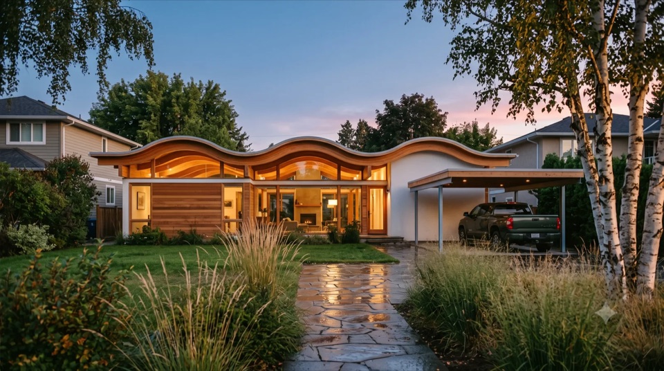 The Wave House: Walter S. White's lesser-known Miles Bates Wave House reimagined in the Okanagan, a signature undulating sine-wave roof of curved glue-laminated timber rippling over the whole home, warm cedar and full-height glass, a cozy hearth, built warm with a floating carport.