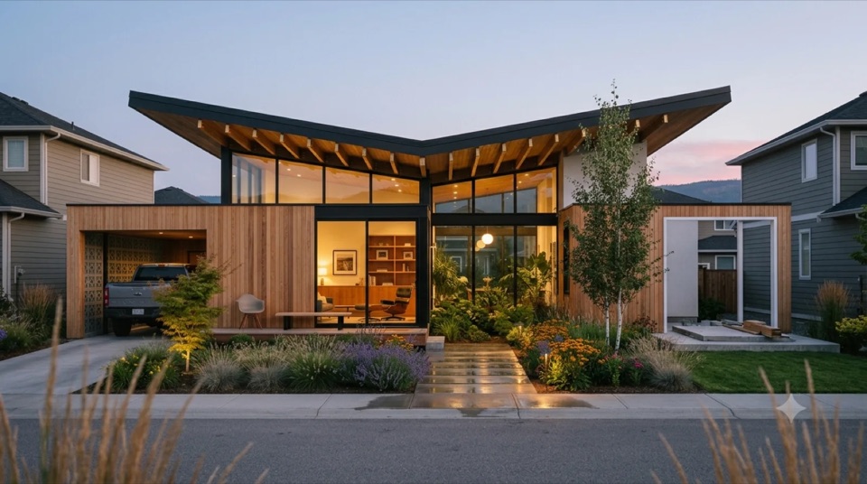 The Wexler: A Wexler/Krisel-lineage desert-modern home under a bold folded butterfly roof, clerestory glass under the upswept wings and a decorative breeze-block screen, warm cedar and white stucco, a floating carport and a framed opening + slab pad marked the modular expansion wing, butterfly-roof precision built warm, not a cold glass box.