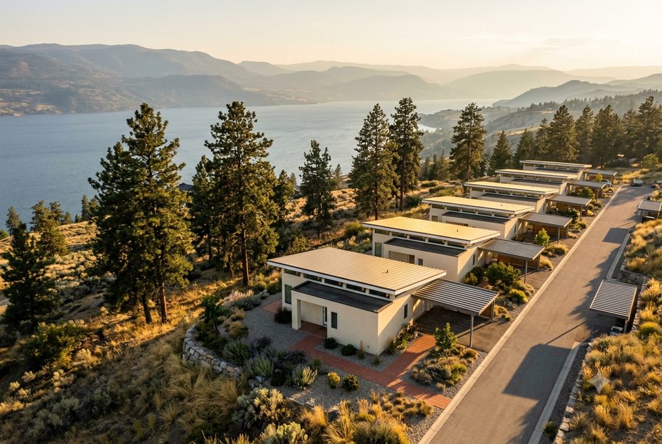 Six of them stepping down a Kelowna hillside at golden hour. The shadows and the pines make the rhythm.