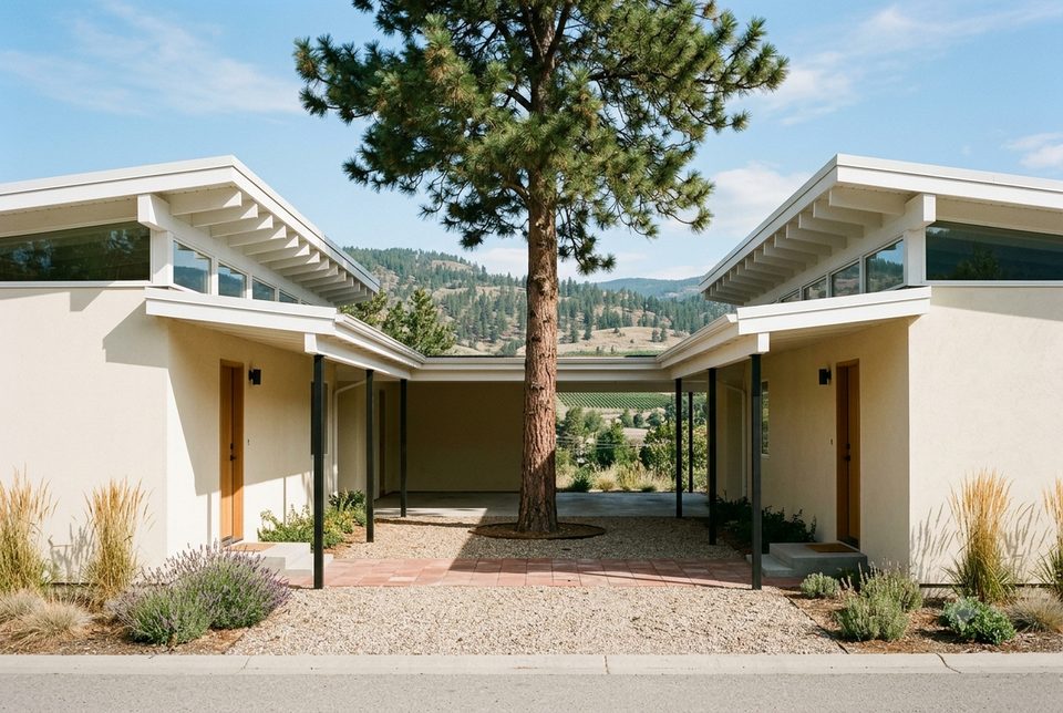 Duplex: two bars facing each other across a shared carport court, one pine growing through the middle of it.
