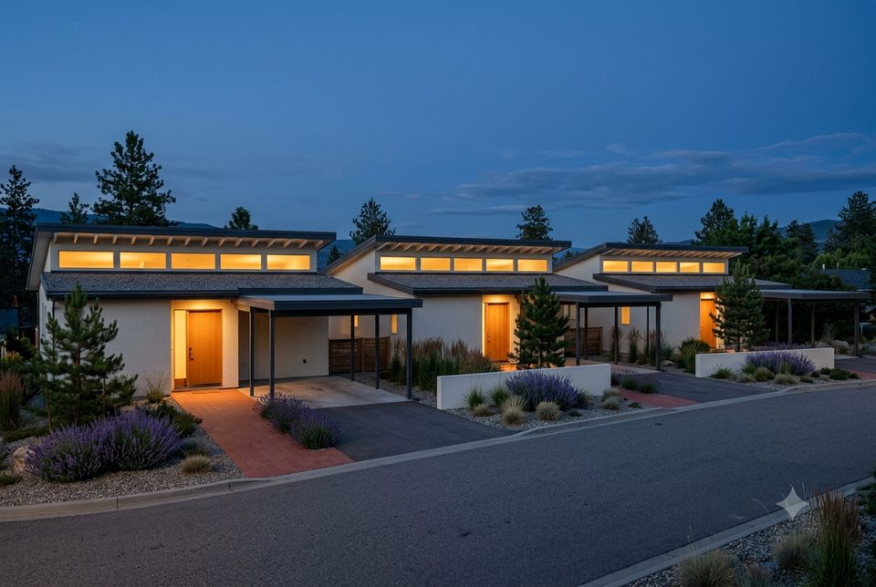 Blue hour on the street these houses could make. Three clerestory bands glowing, one continuous roofline.