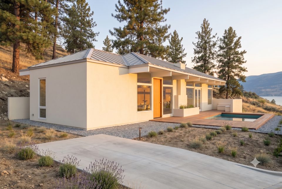 Fire-smart: a clean granite band at the wall, no junipers, screened soffits.