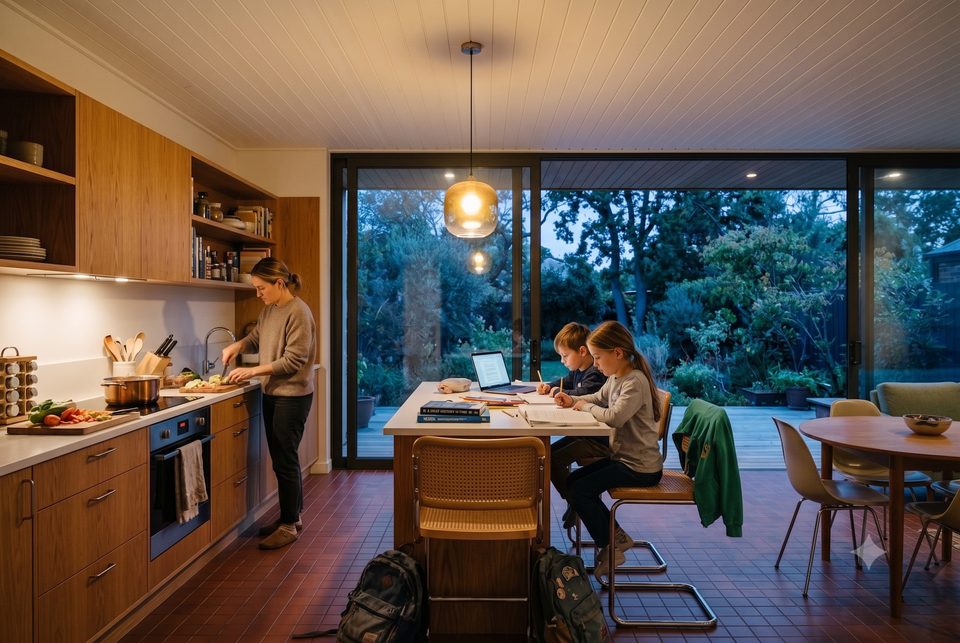 Homework at the island, dinner half made. Fifteen hundred square feet works.