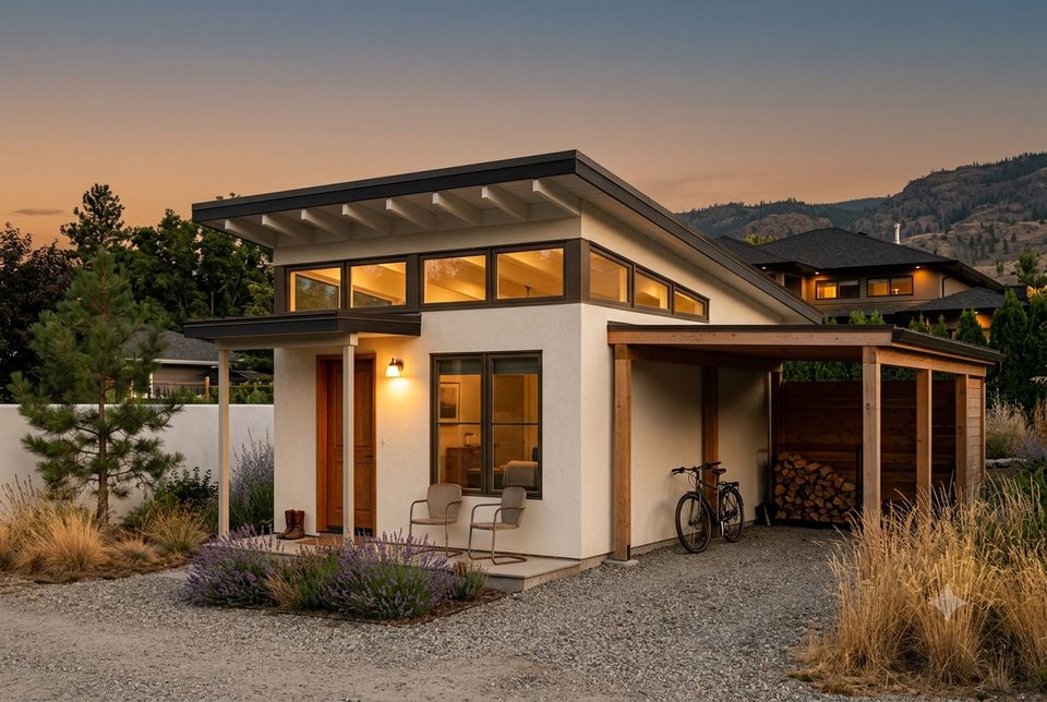 The laneway house. Six hundred square feet, same language, done properly. Somebody's first home, or the rent that pays the mortgage.
