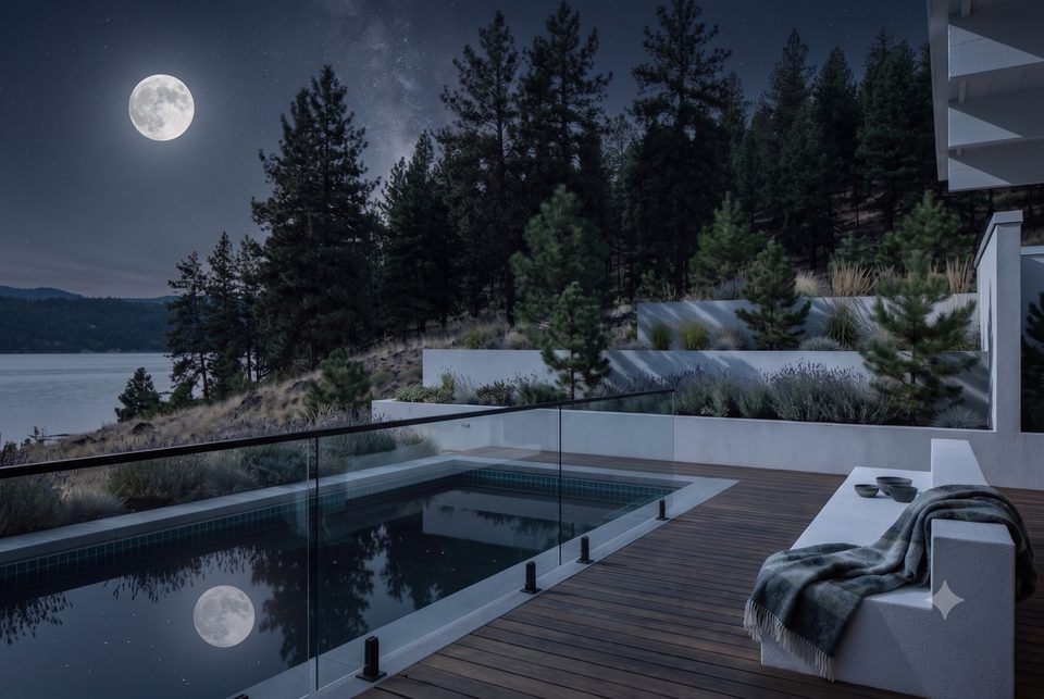 Full moon, every light off. Only moonlight in the frame.